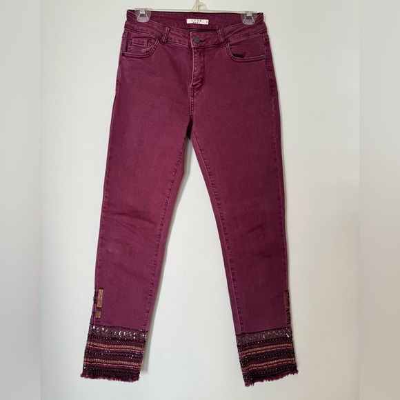 Luxe Moda Women’s Beaded Leg Boho Mid Rise Slim Fit Denim Burgundy Jeans Size 4 - Picture 1 of 8